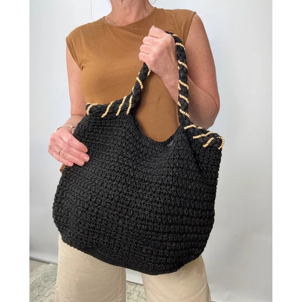 The Sak Black Crochet Hobo Bag Wood Beaded Braided Straps Boho Shoulder Bag